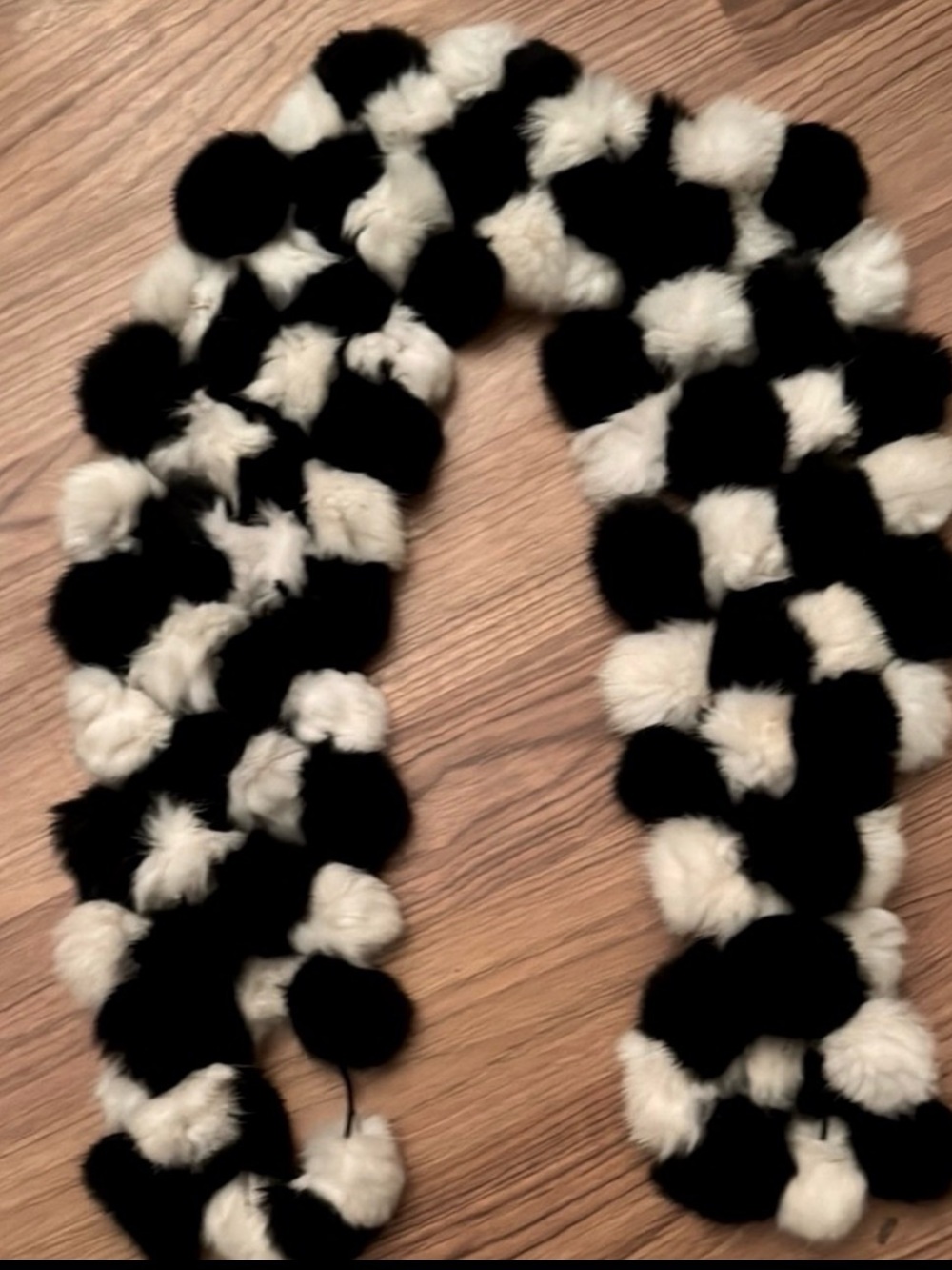 Plush Pom Pom Rabbit Fur Scarf - Black & White